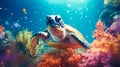 A sea turtle swims near the coral.