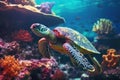 Sea turtle swims over a seabed rich with vibrant aquatic plants. Generative AI