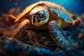 A sea turtle tangled in discarded fishing nets, serving as a reminder of the harmful effects of ghost fishing gear on marine life Royalty Free Stock Photo