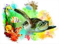 Sea turtle and tropical fish on abstract watercolor background.
