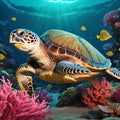 A sea turtle in under water world, with sea flower, small fish, sunlight through the water, bold outline Royalty Free Stock Photo