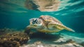 Sea turtle underwater, blue clear water, sun's rays make their way through water. Underwater world. Sea inhabitants Royalty Free Stock Photo