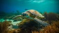 Sea turtle underwater, blue clear water, sun's rays make their way through water. Underwater world. Sea inhabitants Royalty Free Stock Photo