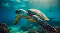 Sea turtle underwater, blue clear water, sun's rays make their way through water. Underwater world. Sea inhabitants Royalty Free Stock Photo