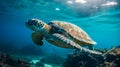 Sea turtle underwater, blue clear water, sun's rays make their way through water. Underwater world. Sea inhabitants Royalty Free Stock Photo