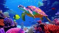 Sea Turtle in underwater world with colorful coral and small fish Royalty Free Stock Photo