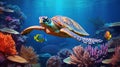 Sea Turtle in underwater world with colorful coral and small fish Royalty Free Stock Photo