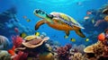 Sea Turtle in underwater world with colorful coral and small fish Royalty Free Stock Photo