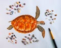Sea turtle water color drawing on white paper with sea shells photo. Royalty Free Stock Photo
