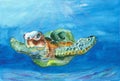 Sea turtle watercolor. Watercolor seascape.