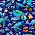 Sea Turtles Marine Life, fishes and Water Bubbles Vector Seamless Repeat Textile Pattern Design Royalty Free Stock Photo