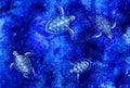 Sea turtles swim in the water. Acrylic painting.