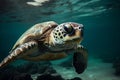 Sea turtles swimming in bright clear turquese underwater. Generative Ai