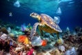 Sea turtles swimming in polluted with plastic bags ocean Royalty Free Stock Photo