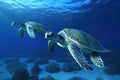 Sea turtles swimming underwater, deep blue sea AI generated Royalty Free Stock Photo