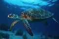 Sea turtles swimming underwater, deep blue sea AI generated Royalty Free Stock Photo