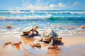 sea turtles trekking across a sandy beach toward the ocean Royalty Free Stock Photo