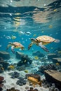 A Sea turtles in the sea, underwater with fishes Royalty Free Stock Photo