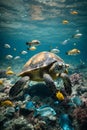 A Sea turtles in the sea, underwater with fishes Royalty Free Stock Photo