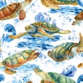 Sea turtles watercolor, nature background, seamless pattern Royalty Free Stock Photo