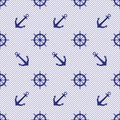 Sea two-color pattern from ship`s steering wheels and anchors on a striped background. Royalty Free Stock Photo