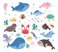 Sea Underwater Animals and Cute Aquatic Creature Floating in the Ocean Vector Set Royalty Free Stock Photo