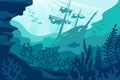 Sea underwater background. Deep ocean bottom with seaweeds, sunken ship, coral and fishes silhouettes. Undersea diving