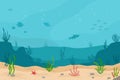 Sea underwater background. Marine sea bottom with underwater plants, corals and fishs.