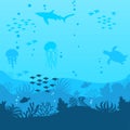 Sea underwater background. Ocean bottom with seaweeds. Vector