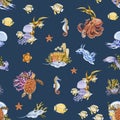 Sea underwater creatures seamless pattern. Hand drawn octopus, turtle, seahorse, coral watercolor illustration wallpaper Royalty Free Stock Photo