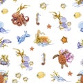 Sea underwater creatures seamless pattern. Hand drawn octopus, turtle, seahorse, coral watercolor illustration wallpaper Royalty Free Stock Photo