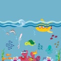 Sea underwater landscape with submarine. Cute undersea world vector illustration Royalty Free Stock Photo
