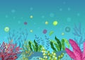 Sea underwater marine background. Marine sea bottom with aqua plants, coral reef underwater seaweed plants, ocean plants, algae,