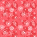 Sea underwater plants and flowers. Seamless texture. White illustrations on pink background. Royalty Free Stock Photo