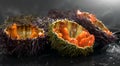 Sea Urchin with caviar close-up, on black background. Fresh opened sea urchins