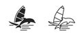 sea vacation flat and line icons. windsurfing and dolphin. summer symbols. vector images for tourism design