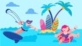 Sea vacation with fun kite in ocean, vector illustration. Summer sport active in water, beach surf activity on cartoon Royalty Free Stock Photo