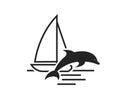 sea vacation icon. sailing yacht and dolphin. summer and extreme sport symbol. vector image for tourism design