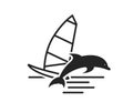 sea vacation icon. windsurfing and dolphin. summer and extreme sport symbol. vector image for tourism design