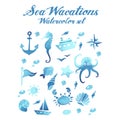 Sea vacations watercolor vector set Royalty Free Stock Photo
