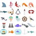 Sea clip art set with sea animals, shark, scuba mask, shrimp. fish, ship, crayfish, dolphin, whale, killer whale, jelly