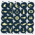 Sea icon set with sea animals, shark, scuba mask, shrimp. fish, ship, crayfish, dolphin, whale, killer whale, jelly fish