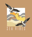 Sea vibes. Vector hand drawn illustration of fat woman with seagulls. Royalty Free Stock Photo