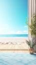 Sea view background from bungalow comfortable room with slightly open curtain and flowers in vase. Sandy beach on sunny Royalty Free Stock Photo