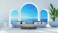 Sea View Beach Luxury Living Room - Santorini island style - 3D rendering Royalty Free Stock Photo