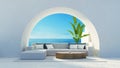 Sea View Beach Luxury Living Room - Santorini island style - 3D rendering Royalty Free Stock Photo