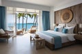 Sea view bedroom with comfy bed, beach bed at the terrace, natural light and tropical plants in luxury beach house