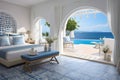 Sea view bedroom with comfy bed for excellent sleep, white wall, natural light and private pool in luxury beach house Royalty Free Stock Photo