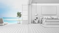 Sea view bedroom of luxury summer beach house with double bed near wooden floor terrace and swimming pool. Royalty Free Stock Photo