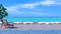 Sea view of bright blue sky and white cloud with turquoise color ocean from wooden terrace with pool side chair on it, design to